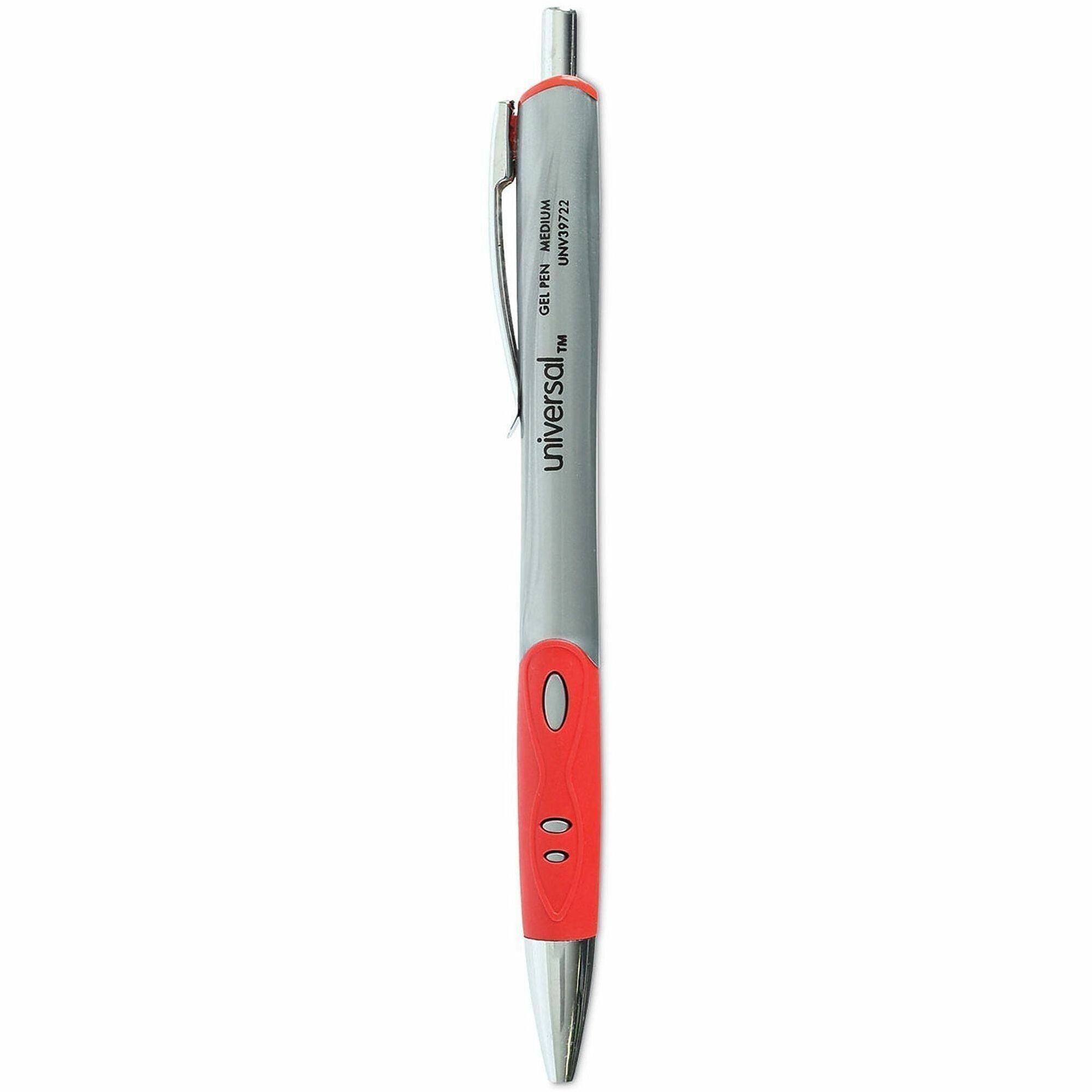 Universal Comfort Grip Gel Pen - 0.7 mm Medium Conical Pen Point - Retractable - Red Ink - Water Based - Gray, Red, Silver Barrel - 1 Dozen