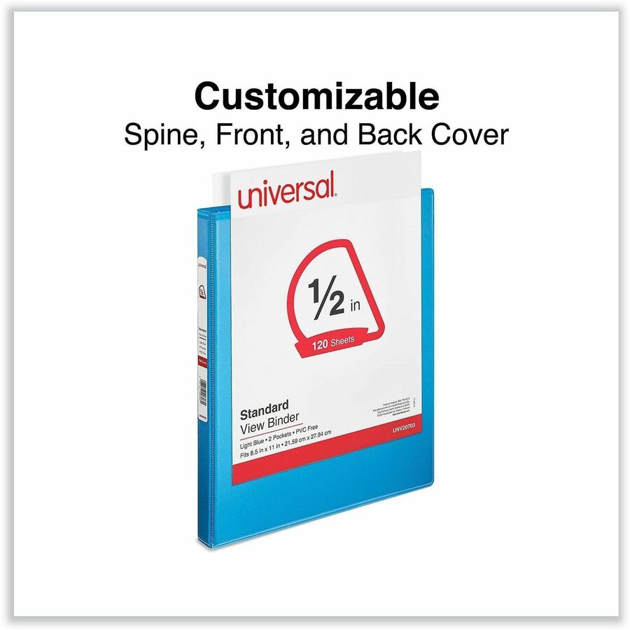 Universal Slant D-Ring View Binder, 3 Rings, 0.5" Capacity, 11 x 8.5, Light Blue - 1/2" Binder Capacity - Letter - 8 1/2" x 11" Sheet Size - 120 Sheet Capacity - 3 Ring(s) - Fastener(s): Ring - Pocket(s): 2, Inside Front & Back - Polypropylene - Light ...