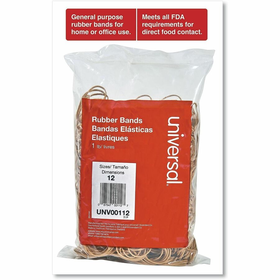 Universal Rubber Bands, Size 12, 0.04" Gauge, Beige, 1 lb Box, 2,500/Pack - Size: #12 - 1.8" Length x 0.1" Width - 6 lb/in - Rubber - Beige - 2500 / Pack