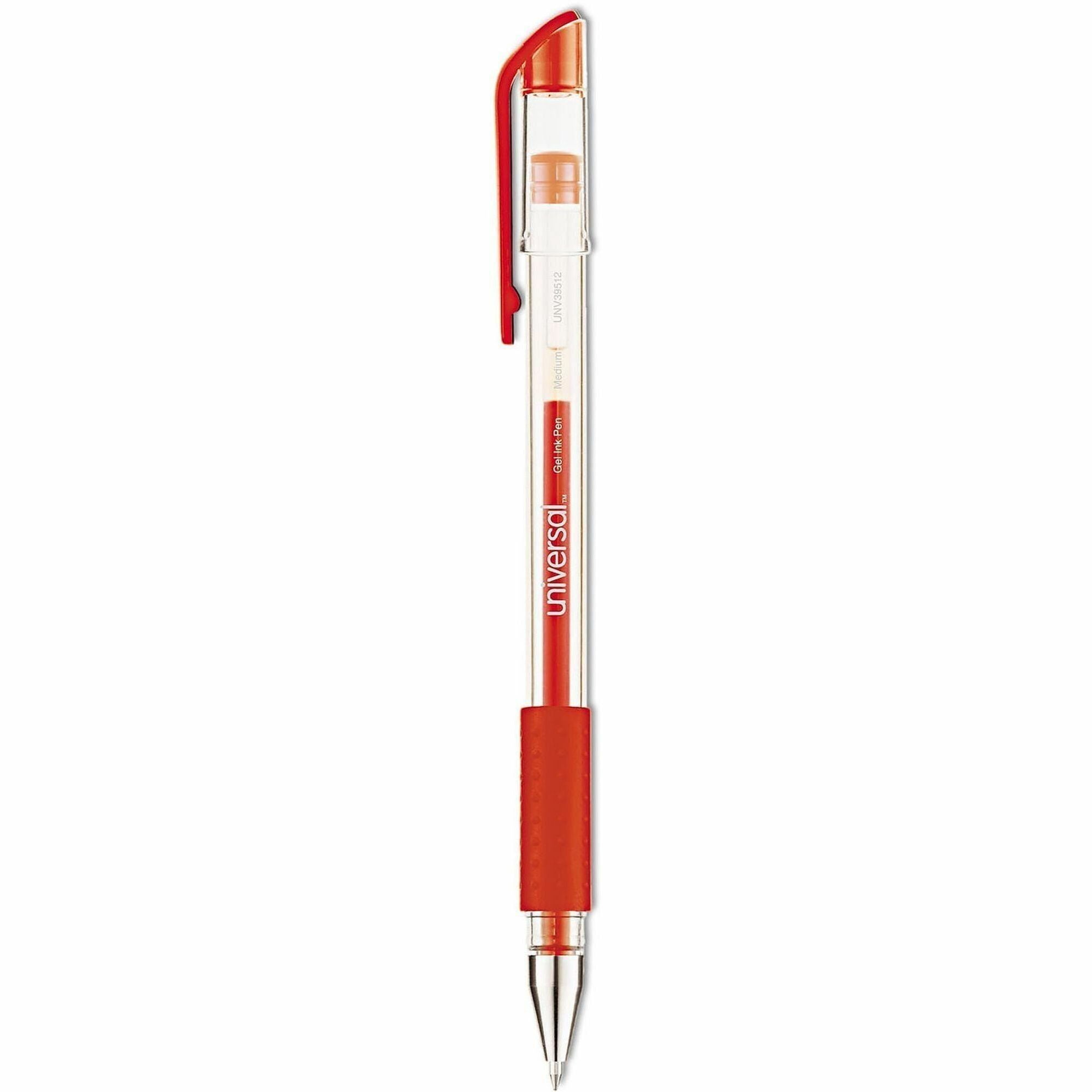 Universal Comfort Grip Gel Pen, Stick, Medium 0.7 mm, Red Ink, Clear/Red Barrel, Dozen - 0.7 mm Medium Conical Pen Point - Red Ink - Water Based - Clear, Red Barrel - 1 Dozen