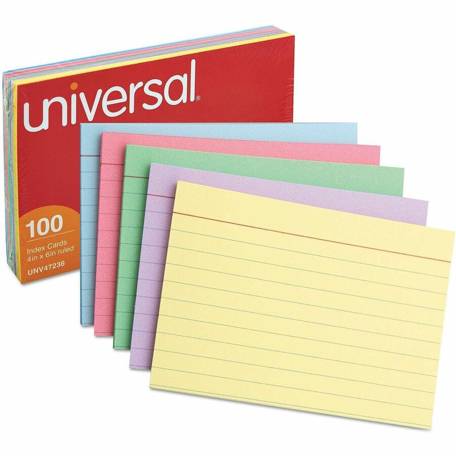 Universal Index Cards, Ruled, 4 x 6, Assorted, 100/Pack - 4" Width x 6" LengthRecycled - Ruled - 100 / Pack