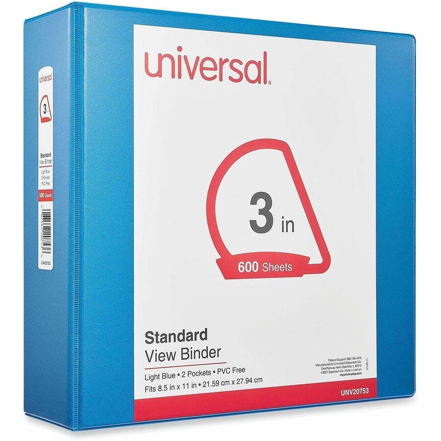 Universal Slant D-Ring View Binder, 3 Rings, 3" Capacity, 11 x 8.5, Light Blue - 3" Binder Capacity - Letter - 8 1/2" x 11" Sheet Size - 600 Sheet Capacity - 3 Ring(s) - Fastener(s): Ring - Pocket(s): 2, Inside Front & Back - Polypropylene - Light Blue...