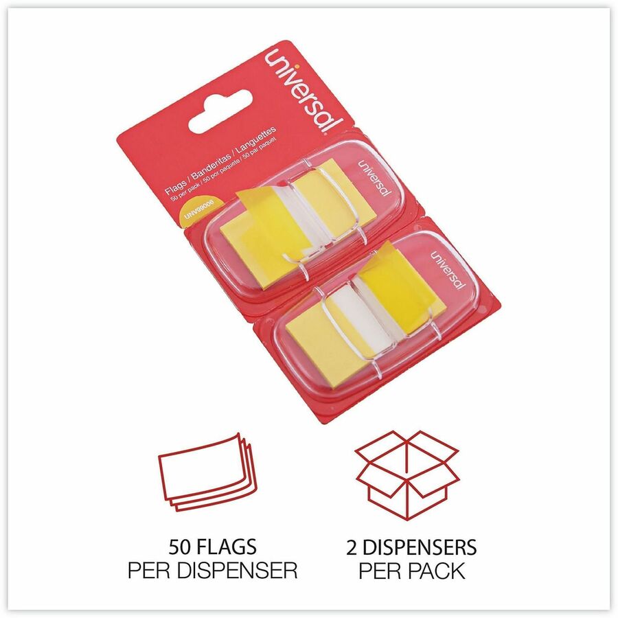 Universal Flag - 100 - Rectangle - Yellow - Removable, Self-stick, Pop-up, Repositionable - Dispenser Included - 100 / Pack