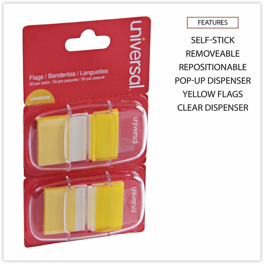 Universal Flag - 100 - Rectangle - Yellow - Removable, Self-stick, Pop-up, Repositionable - Dispenser Included - 100 / Pack