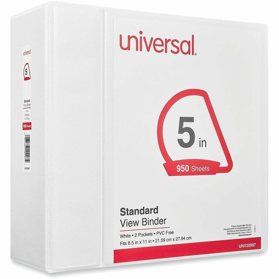 Universal Slant D-Ring View Binder, 3 Rings, 5" Capacity, 11 x 8.5, White - 5" Binder Capacity - Letter - 8 1/2" x 11" Sheet Size - 950 Sheet Capacity - 3 Ring(s) - Fastener(s): Ring - Pocket(s): 2, Inside Front & Back - Polypropylene - White - Non-sti...