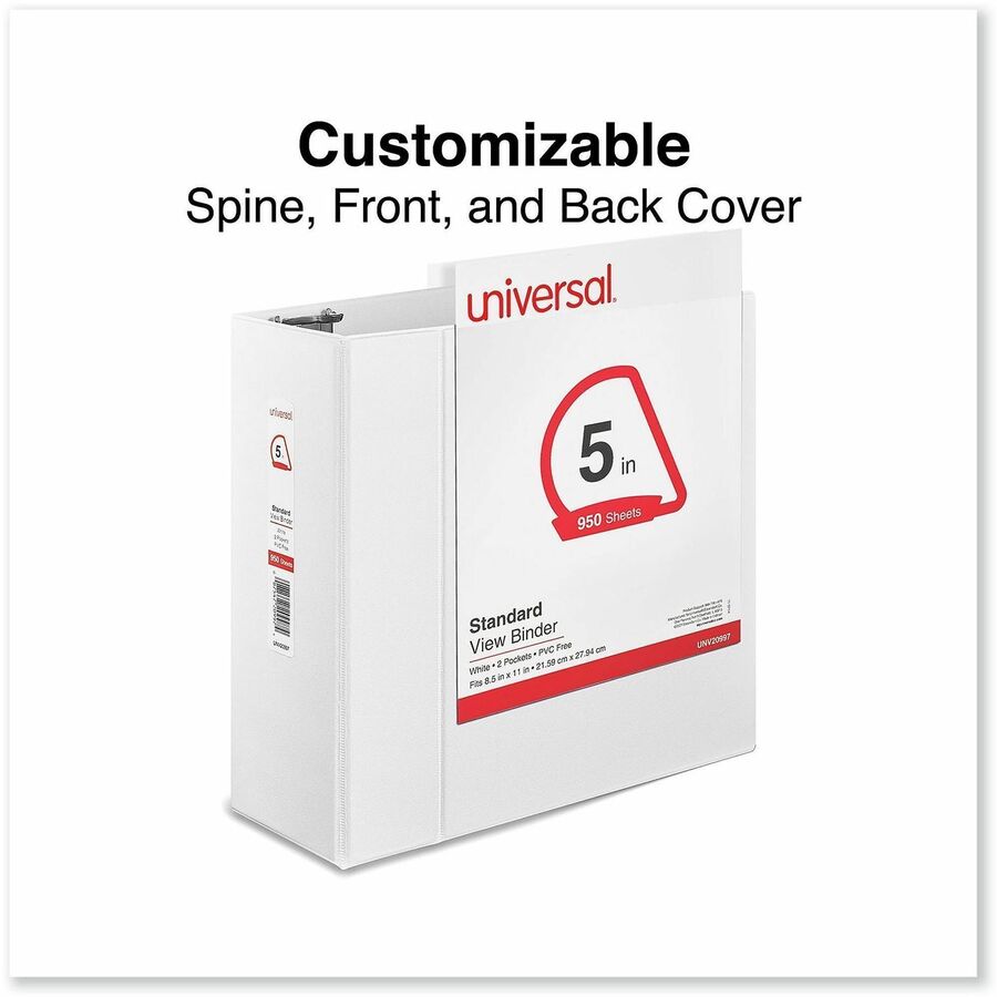 Universal Slant D-Ring View Binder, 3 Rings, 5" Capacity, 11 x 8.5, White - 5" Binder Capacity - Letter - 8 1/2" x 11" Sheet Size - 950 Sheet Capacity - 3 Ring(s) - Fastener(s): Ring - Pocket(s): 2, Inside Front & Back - Polypropylene - White - Non-sti...