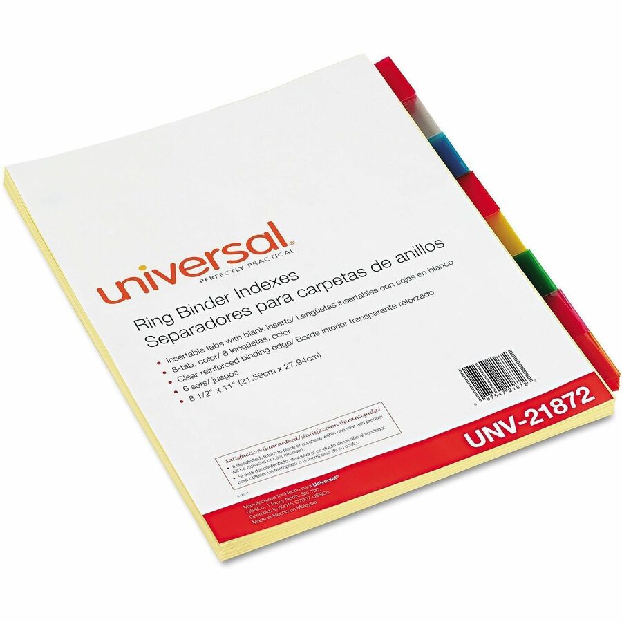 Universal Insertable Tab Index, 8-Tab, 11 x 8.5, Buff, Assorted Tabs, 6 Sets - 8 Write-on Side Tab(s) - Letter - 8.50" Width x 11" Length - 3 Hole Punched - Buff Paper Divider - Assorted Plastic Tab(s) - Recycled - Customizable, Mylar Reinforced Edge -...
