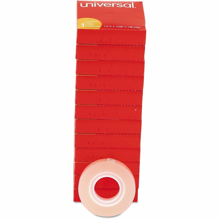 Universal Invisible Tape, 1" Core, 0.5" x 36 yds, Clear, 12/Pack - 36 yd Length x 0.50" Width x 2 mil Thickness - 1" Core - Matte - Clear - Acrylic - Plastic Backing - 12 / Pack