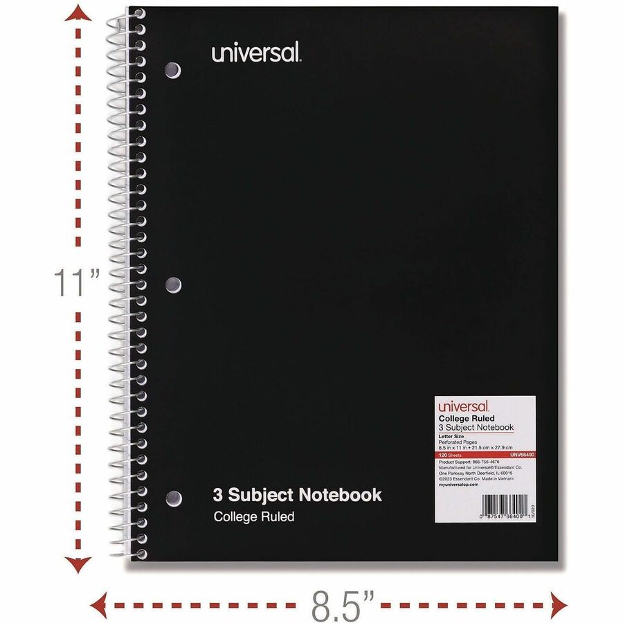 Universal Notebook - 3 Subject(s) - 120 Sheets - Spiral - Medium Ruled, College Ruled Front Ruling - 3 Hole(s) - 15 lb Basis Weight - 11" Height x 8.5" Width - White Paper - Black Paperboard Cover