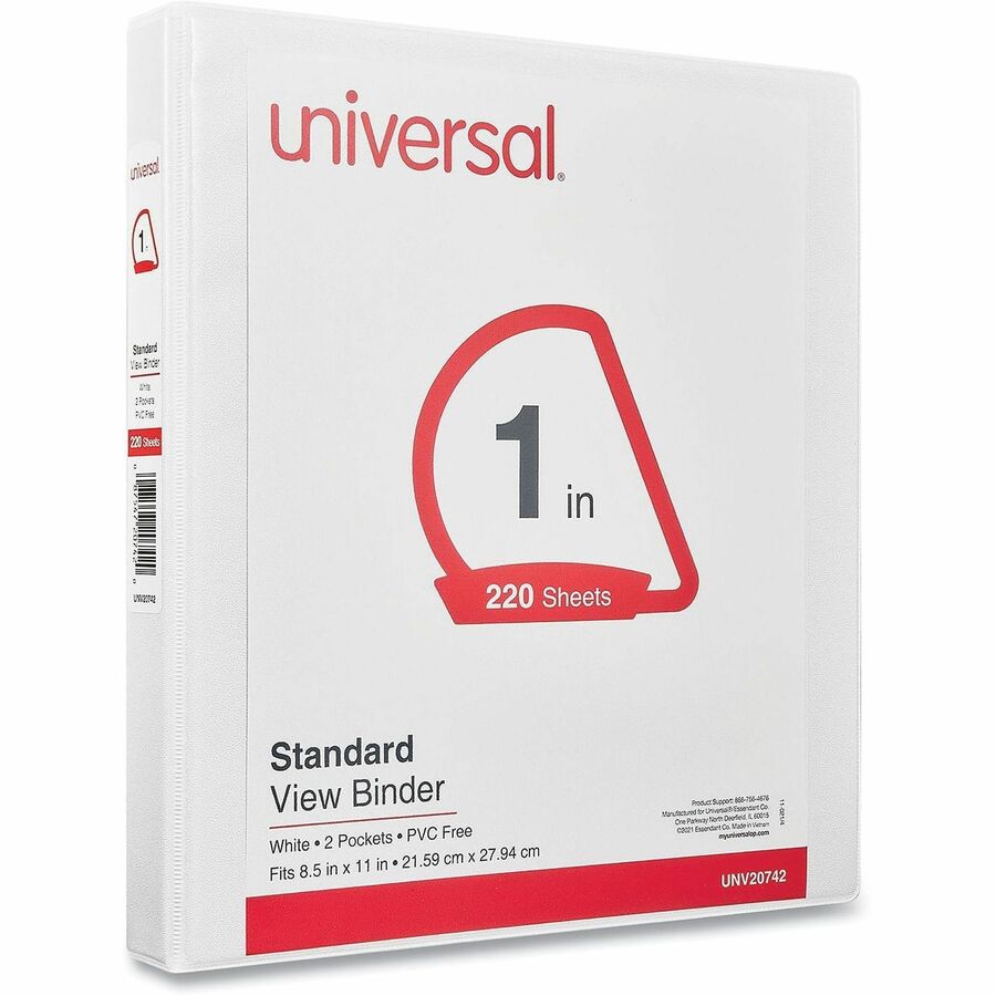 Universal Slant D-Ring View Binder, 3 Rings, 1" Capacity, 11 x 8.5, White, 4/Pack - 1" Binder Capacity - Letter - 8 1/2" x 11" Sheet Size - 220 Sheet Capacity - 3 Ring(s) - Fastener(s): Ring - Pocket(s): 2, Inside Front & Back - Polypropylene - White -...