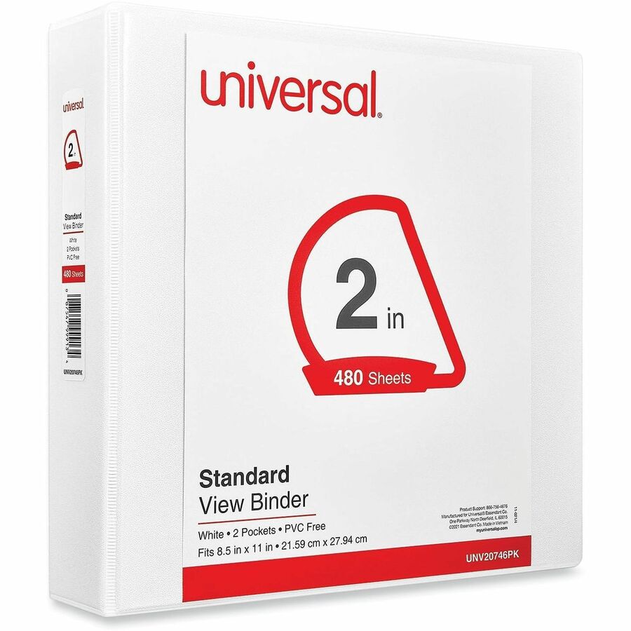 Universal Slant D-Ring View Binder, 3 Rings, 2" Capacity, 11 x 8.5, White, 4/Pack - 2" Binder Capacity - Letter - 8 1/2" x 11" Sheet Size - 500 Sheet Capacity - 3 Ring(s) - Fastener(s): Ring - Pocket(s): 2, Inside Front & Back - Polypropylene - White -...