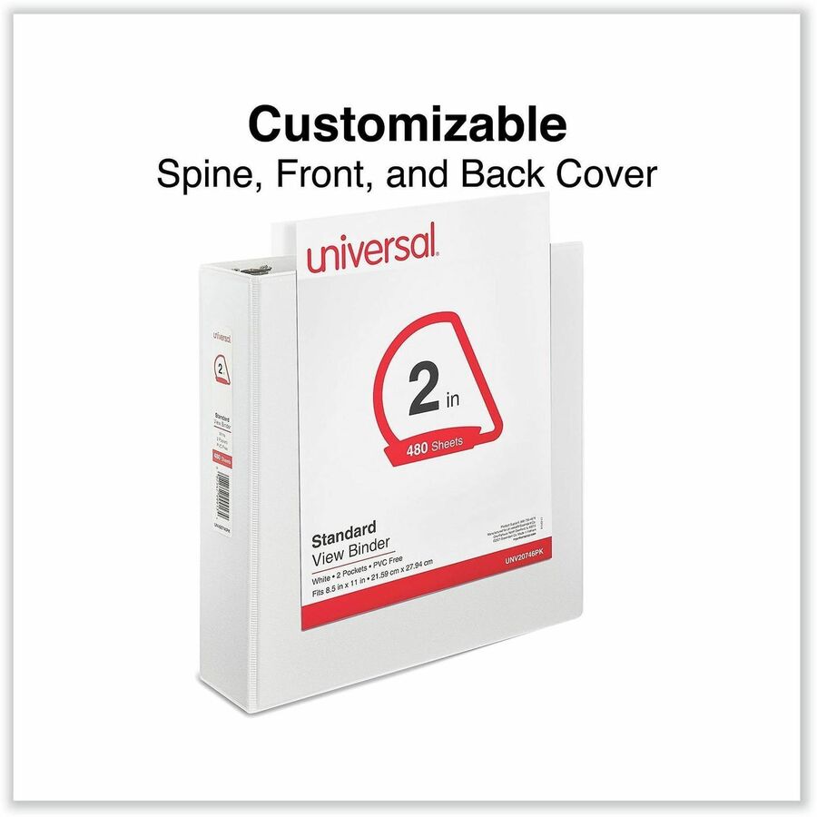 Universal Slant D-Ring View Binder, 3 Rings, 2" Capacity, 11 x 8.5, White, 4/Pack - 2" Binder Capacity - Letter - 8 1/2" x 11" Sheet Size - 500 Sheet Capacity - 3 Ring(s) - Fastener(s): Ring - Pocket(s): 2, Inside Front & Back - Polypropylene - White -...