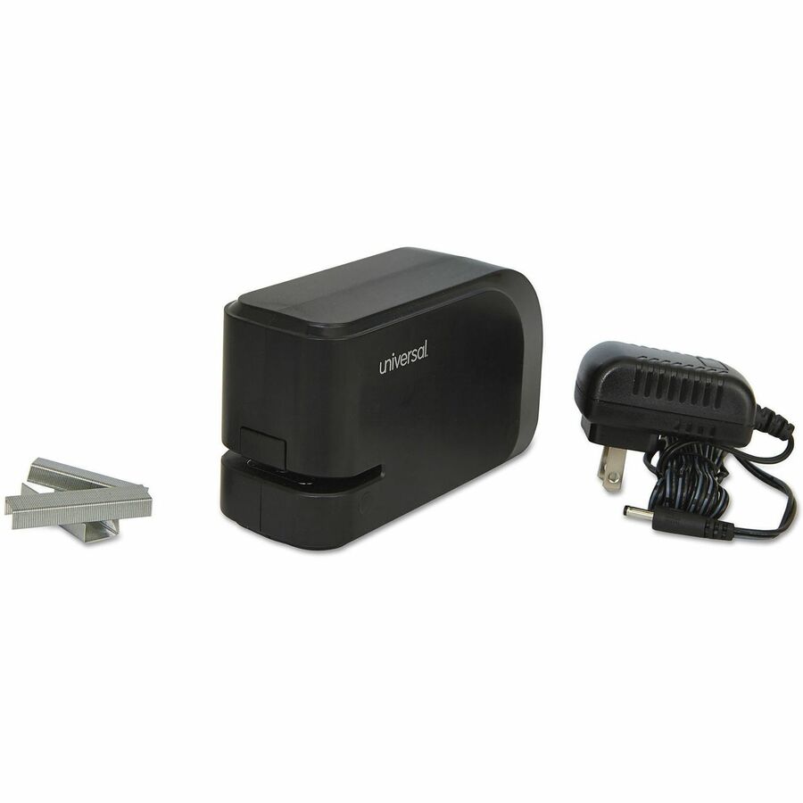 Universal Electric Stapler - Staples Upto 20 Sheet - Holds Upto 105 Staple - Half Strip - Staple Size: 0.50" - 0.50" Throat Depth - 0.50" Crown Width - Front - 4 x AA - Black - Plastic, Metal - 1 Each