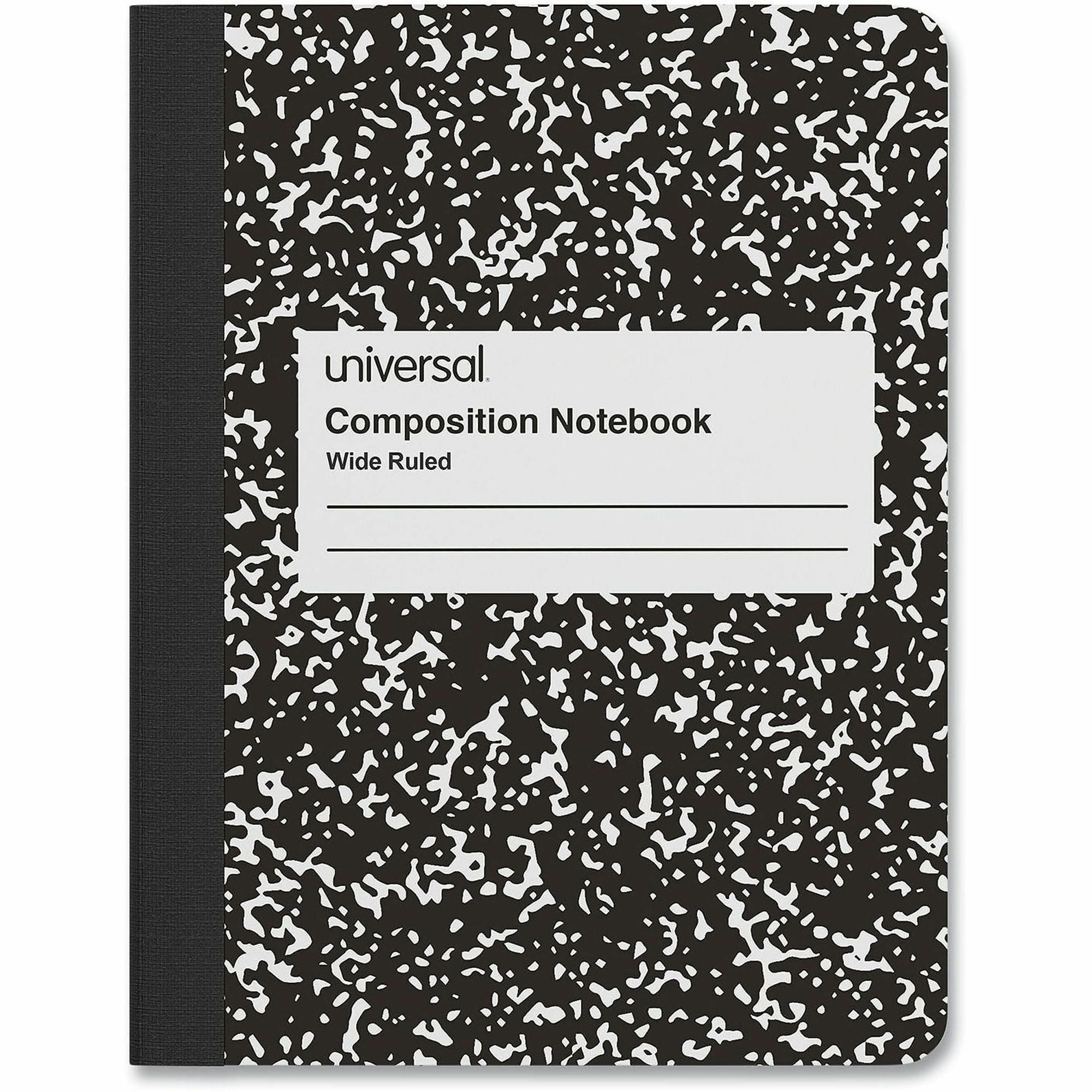 Universal Composition Book, Wide/Legal Rule, Black Marble Cover, (100) 9.75 x 7.5 Sheets - 1 Subject(s) - 100 Sheets - Sewn - Wide Ruled, Legal Ruled Front Ruling - 15 lb Basis Weight - 9.75" Height x 7.5" Width - White Paper - Black Marble Chipboard C...