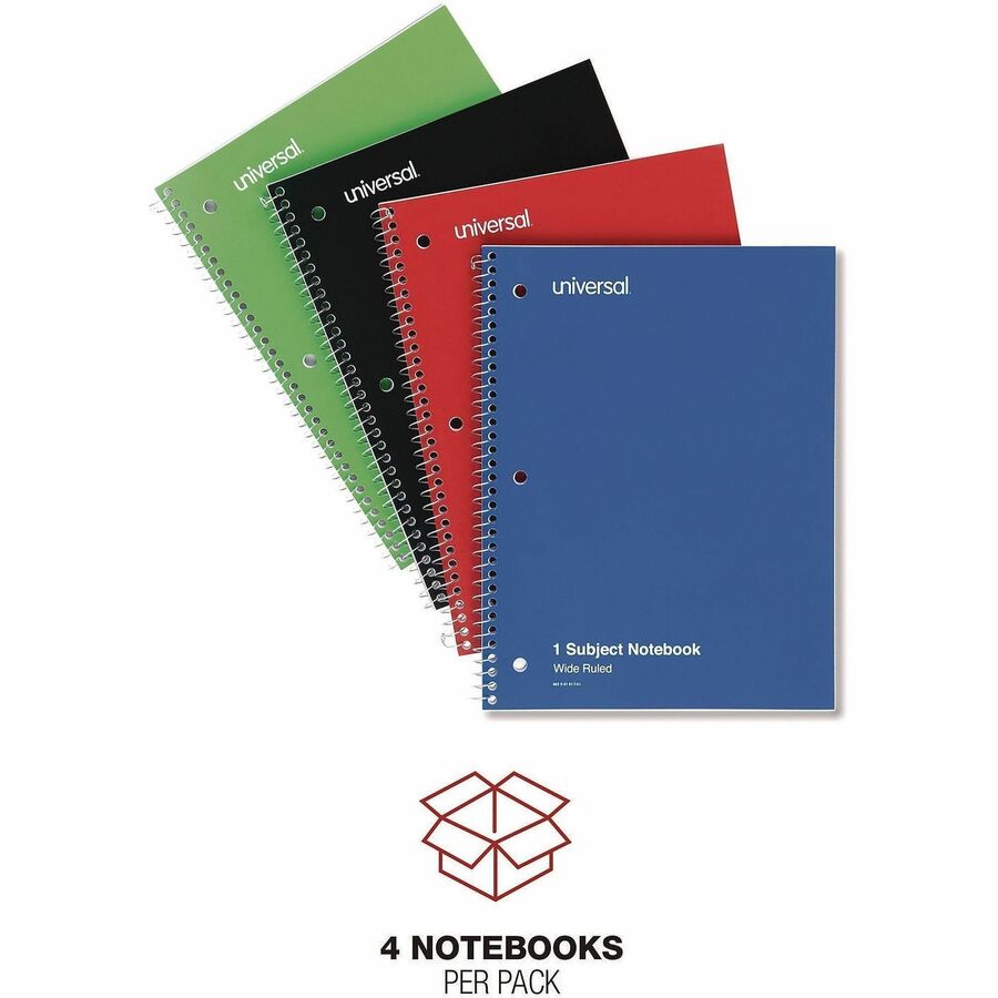 Universal Notebook - 1 Subject(s) - 70 Sheets - Spiral - Wide Ruled, Legal Ruled Front Ruling - 3 Hole(s) - 15 lb Basis Weight - 10.50" Height x 8" Width - White Paper - Black Paperboard, Blue, Green, Red Cover - 4 / Pack