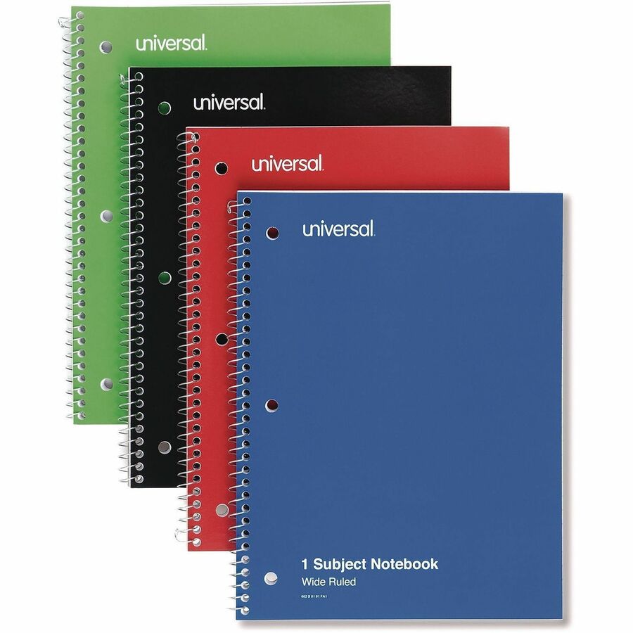 Universal Notebook - 1 Subject(s) - 70 Sheets - Spiral - Wide Ruled, Legal Ruled Front Ruling - 3 Hole(s) - 15 lb Basis Weight - 10.50" Height x 8" Width - White Paper - Black Paperboard, Blue, Green, Red Cover - 4 / Pack