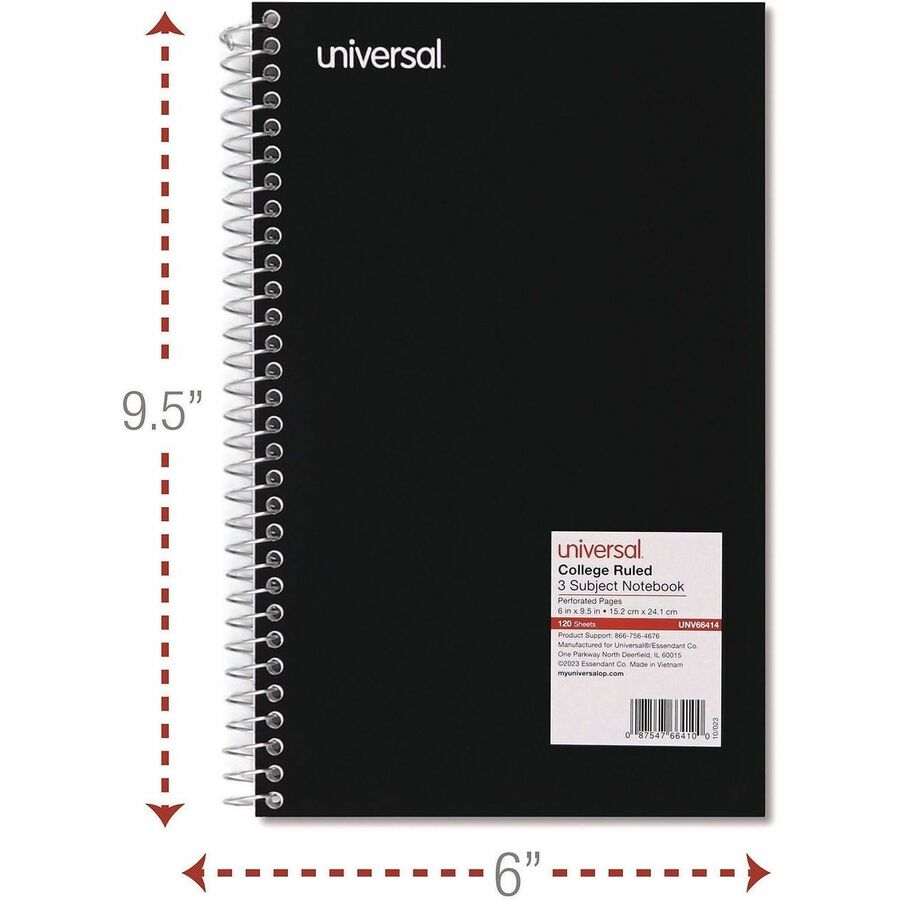 Universal Notebook - 3 Subject(s) - 120 Sheets - Spiral - Medium Ruled, College Ruled Front Ruling - 15 lb Basis Weight - 9.50" Height x 6" Width - White Paper - Black Paperboard, Blue, Green, Red Cover - 4 / Pack