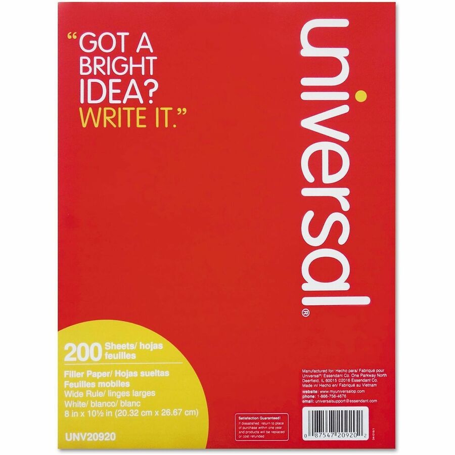 Universal Filler Paper, 3-Hole, 8 x 10.5, Wide/Legal Rule, 200/Pack - 200 Sheets - Wide Ruled, Legal Ruled Front Ruling - Red Margin - 3 Hole(s) - 15 lb Basis Weight - White Paper - 200 / Pack