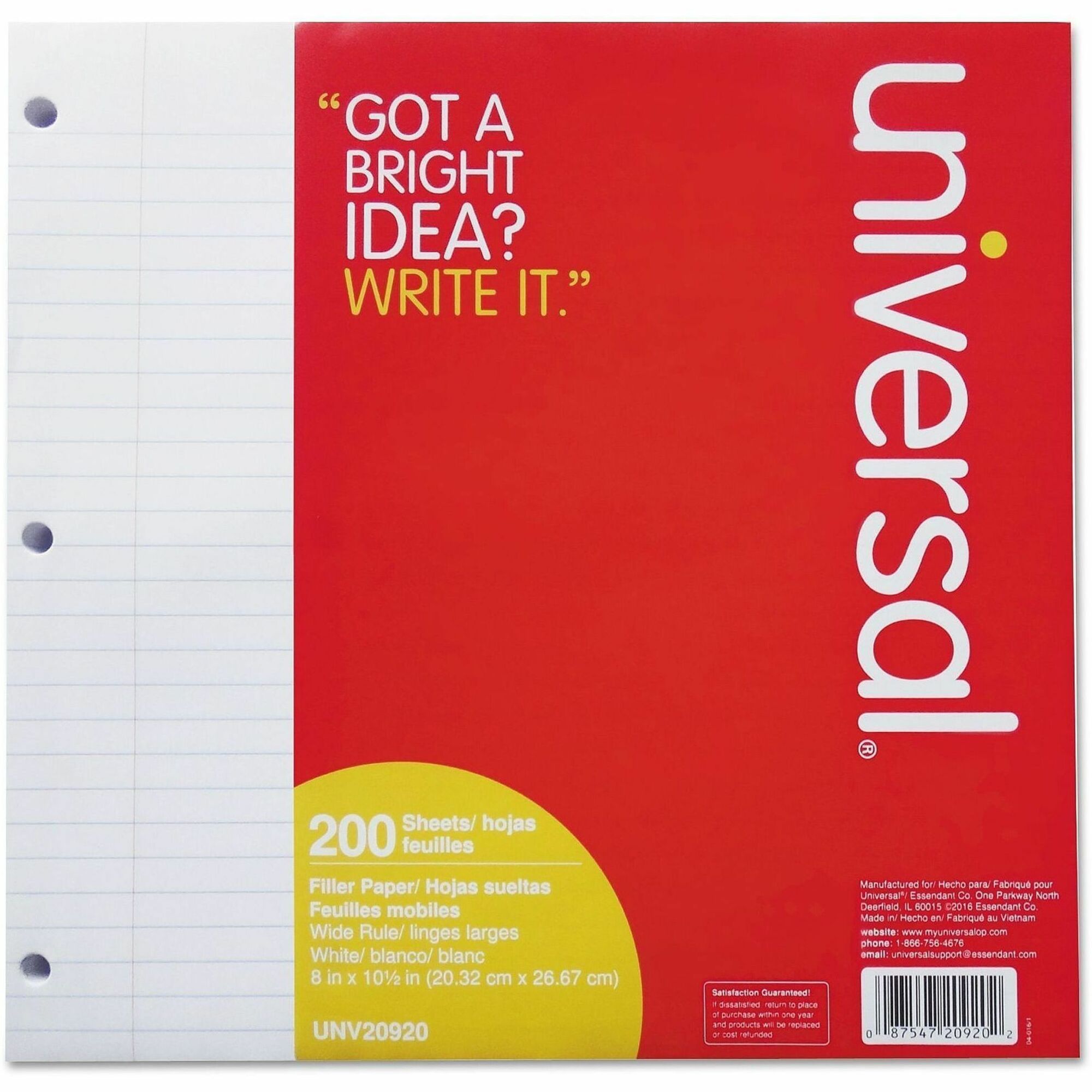 Universal Filler Paper, 3-Hole, 8 x 10.5, Wide/Legal Rule, 200/Pack - 200 Sheets - Wide Ruled, Legal Ruled Front Ruling - Red Margin - 3 Hole(s) - 15 lb Basis Weight - White Paper - 200 / Pack