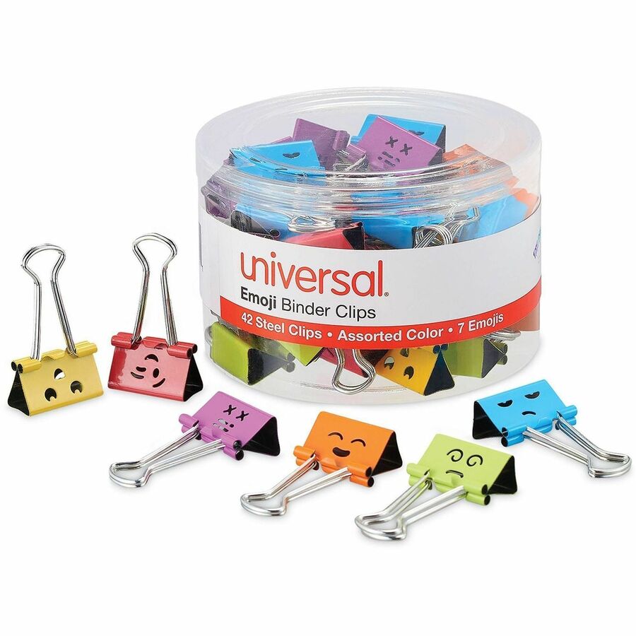 Universal Emoji Themed Binder Clips with Storage Tub, Medium, Assorted Colors, 42/Pack - Medium - 1" Width - 0.63" Size Capacity - Assorted, Lavender, Lime, Orange, Purple, Red, Sky Blue, Yellow - Metal, Steel Wire - 42 / Pack