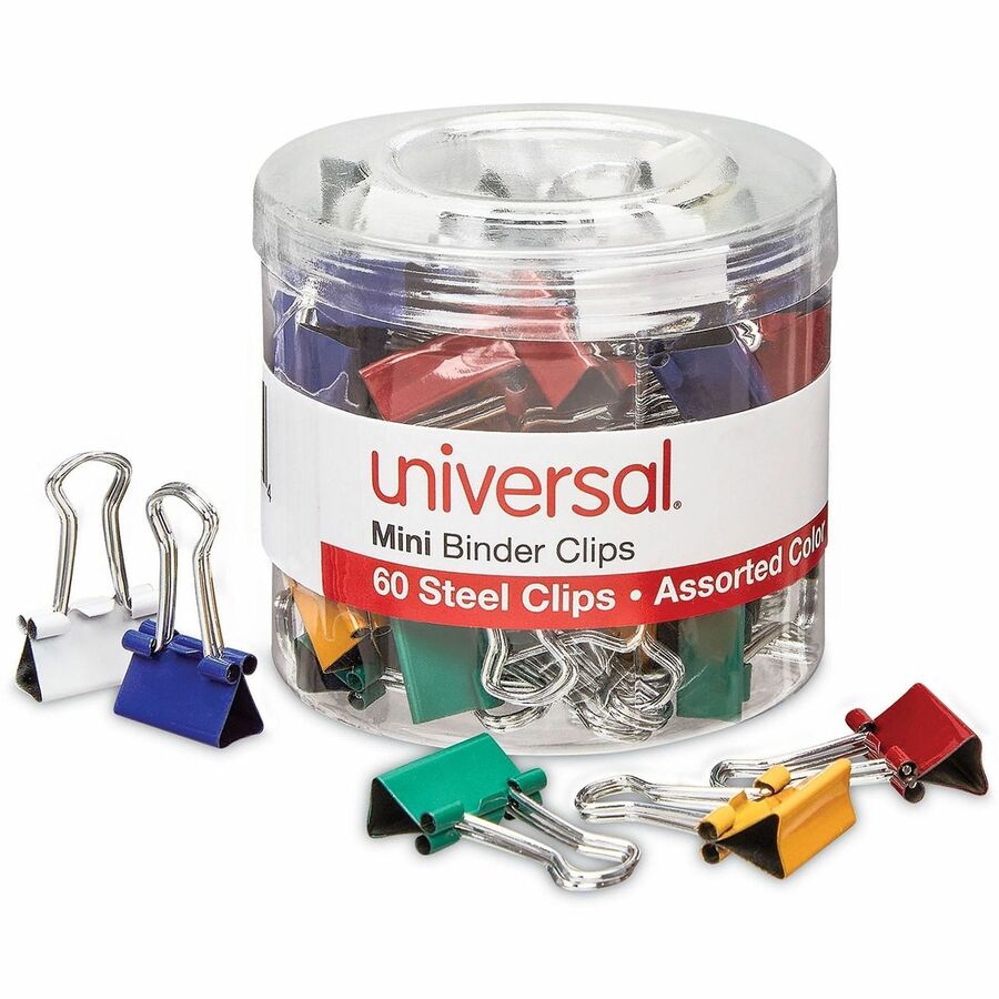 Universal Binder Clips with Storage Tub, Mini, Assorted Colors, 60/Pack - Mini - 0.6" Width - 0.25" Size Capacity - Assorted, Blue, Gold, Green, Red, White - Metal, Steel Wire - 60 / Pack