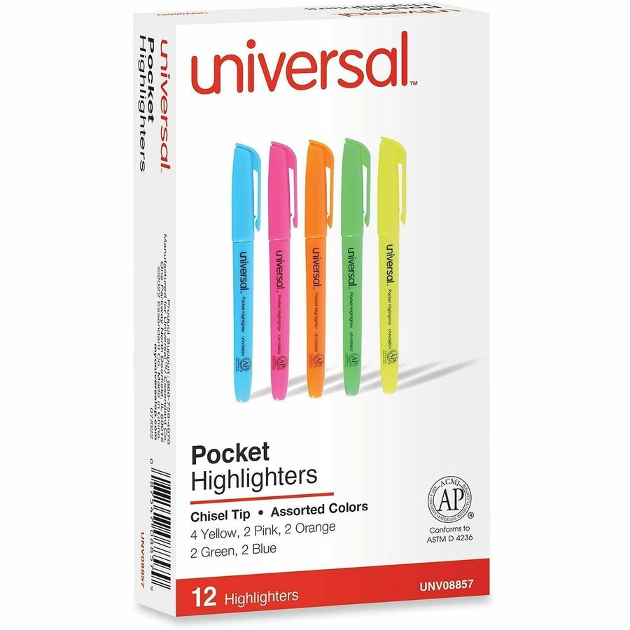 Universal Highlighter - Chisel Marker Point - Assorted, Fluorescent Yellow, Fluorescent Blue, Fluorescent Green, Fluorescent Orange, Fluorescent Pink Ink - Assorted, Yellow, Blue, Green, Orange, Pink Barrel - 1 Dozen