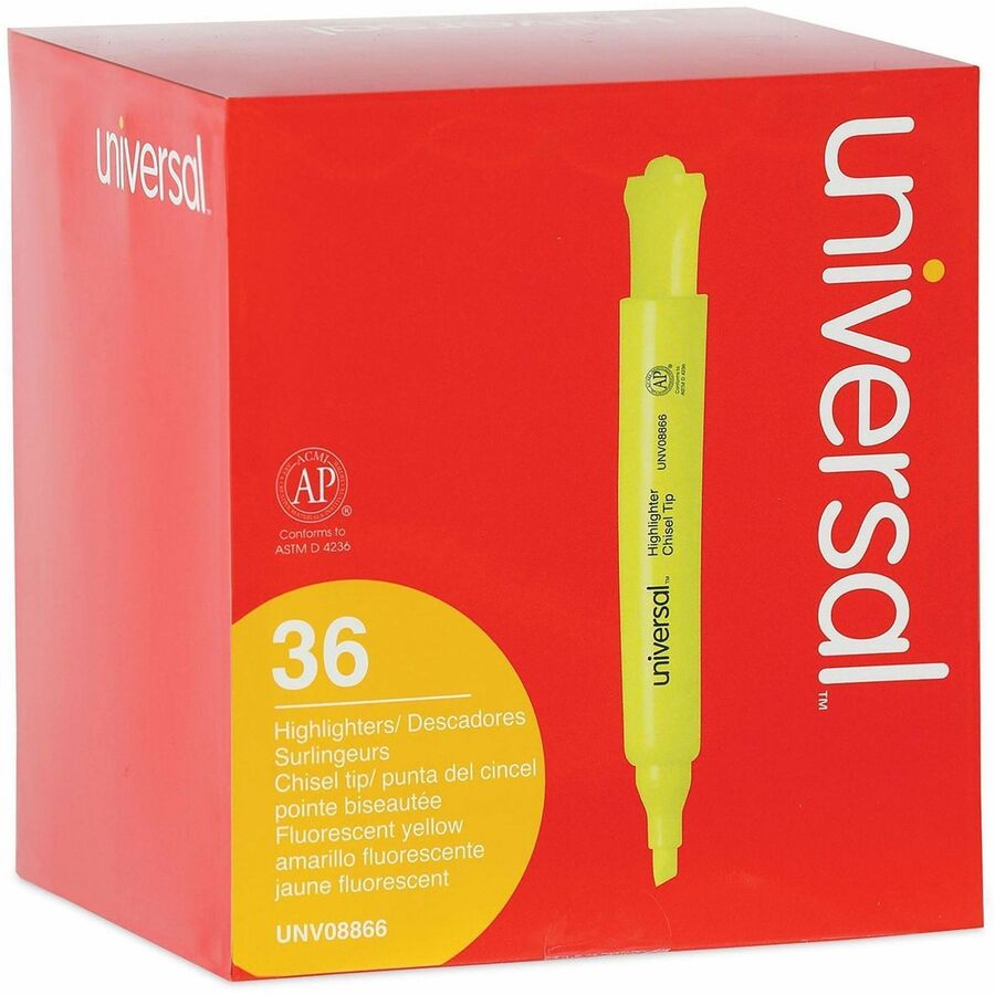 Universal Highlighter - Chisel Marker Point - Fluorescent Yellow Ink - Yellow Round, Tank Barrel - 36 / Pack