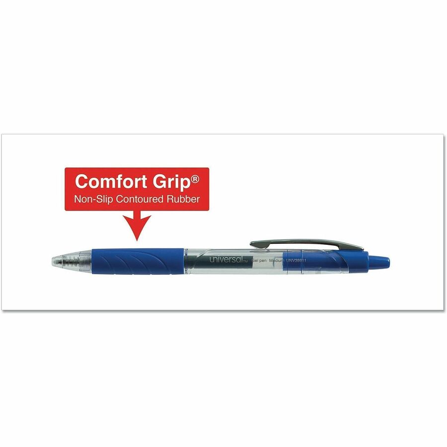 Universal Comfort Grip Gel Pen - 0.7 mm Medium Conical Pen Point - Retractable - Blue Ink - Water Based - Clear, Blue Barrel - 36 / Pack