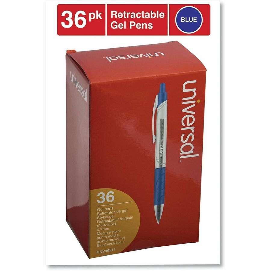 Universal Comfort Grip Gel Pen - 0.7 mm Medium Conical Pen Point - Retractable - Blue Ink - Water Based - Clear, Blue Barrel - 36 / Pack