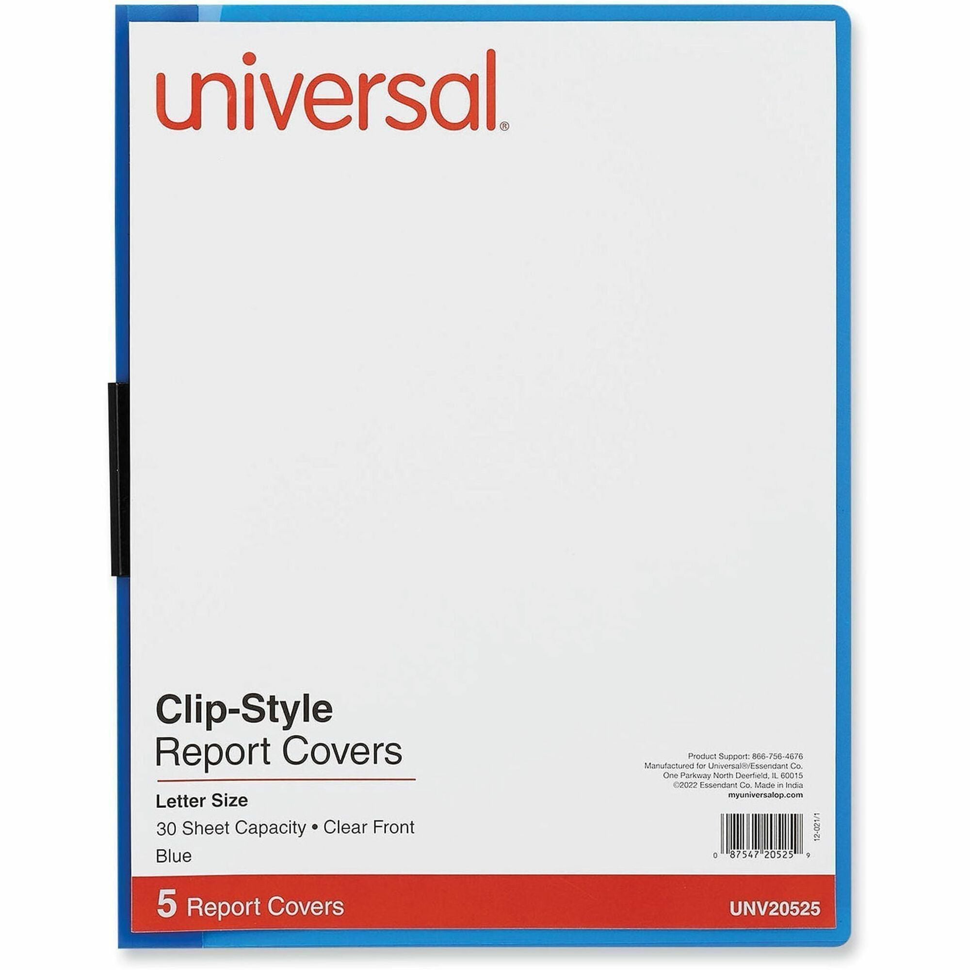 Universal Report Cover - 8 1/2" x 11" - 30 Sheets Capacity - 1 x Clip Fastener(s) - Unpunched - 5 Pack