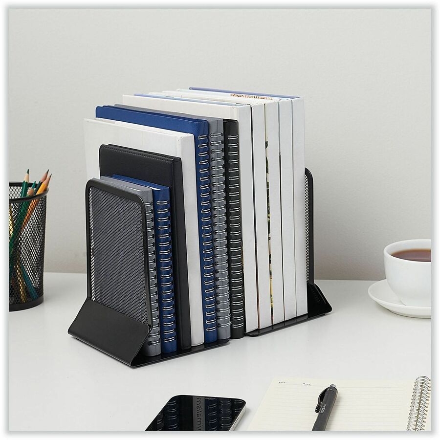 Universal Metal Mesh Bookends, Nonskid Base, 5.38 x 5.38 x 6.75, Black, Pair - 6.75" Height x 5.38" Width x 5.38" Depth - Non-skid Base, Rounded Corner - Black - Metal Mesh, Metal - 6 Pair