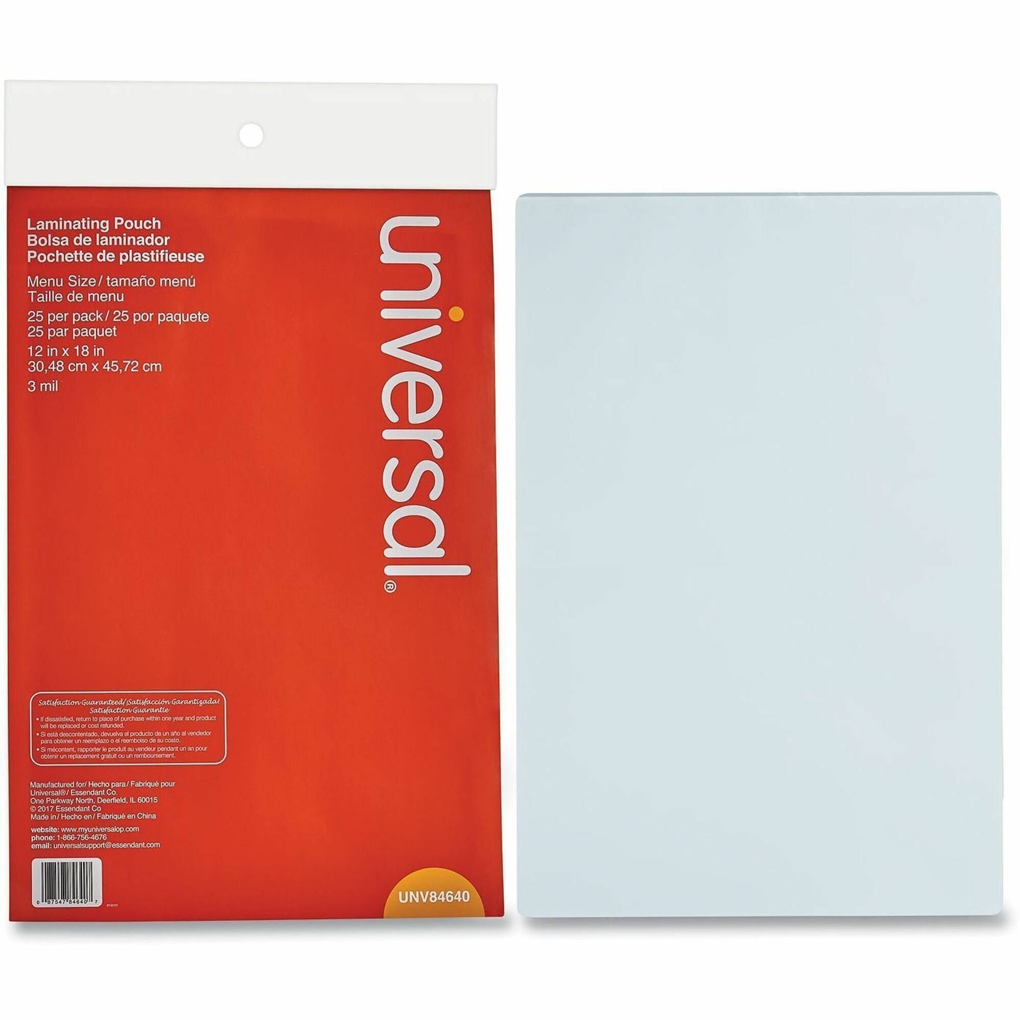 Universal Laminating Pouch - Sheet Size Supported: Menu 18" Width x 12" Length - Laminating Pouch/Sheet Size: 18" Width x 3 mil Thickness - Matte - for Document, Sign, ID Card, Photo, Tag, Menu - Temperature Resistant, Liquid Resistant - Clear - Plasti...