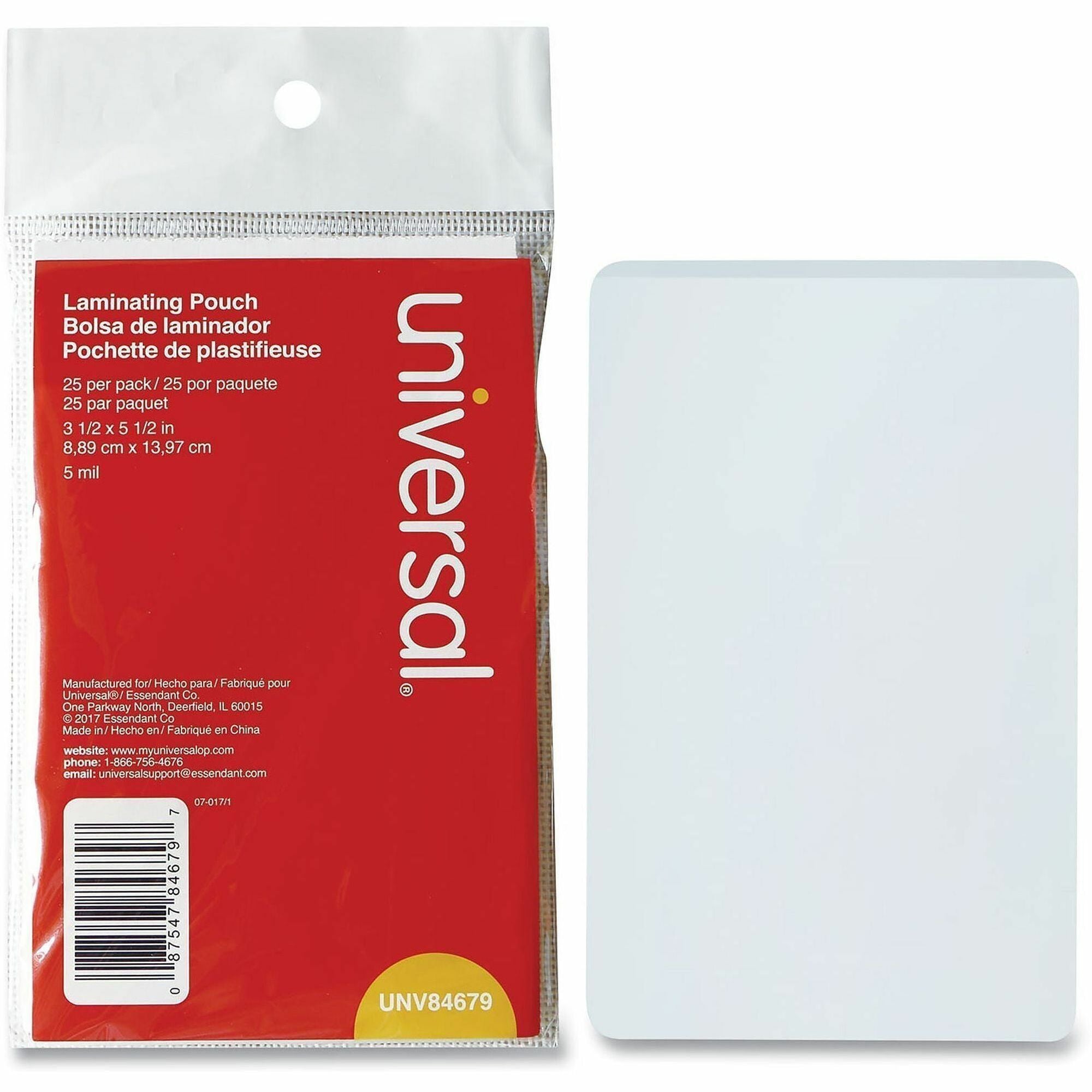 Universal Laminating Pouch - Sheet Size Supported: Index Card 5" Width x 3" Length - Laminating Pouch/Sheet Size: 5.50" Width x 5 mil Thickness - Matte - for Document, Sign, ID Card, Photo, Tag, Index Card - Temperature Resistant, Liquid Resistant - Cl...