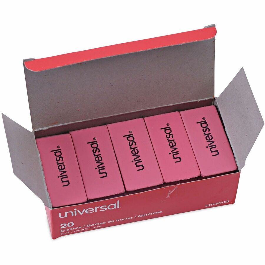 Universal Manual Eraser - Pink - Rectangle - Elastomer - 20 / Pack - Soft, Latex-free, Beveled Edge, Tear Resistant, Smudge Resistant, Ghost Resistant