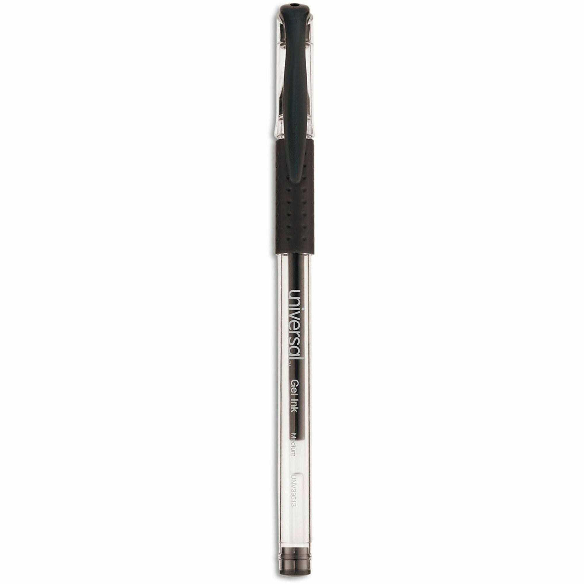 Universal Comfort Grip Gel Pen - 0.7 mm Medium Conical Pen Point - Black Ink - Water Based - Clear, Black Barrel - 60 / Pack