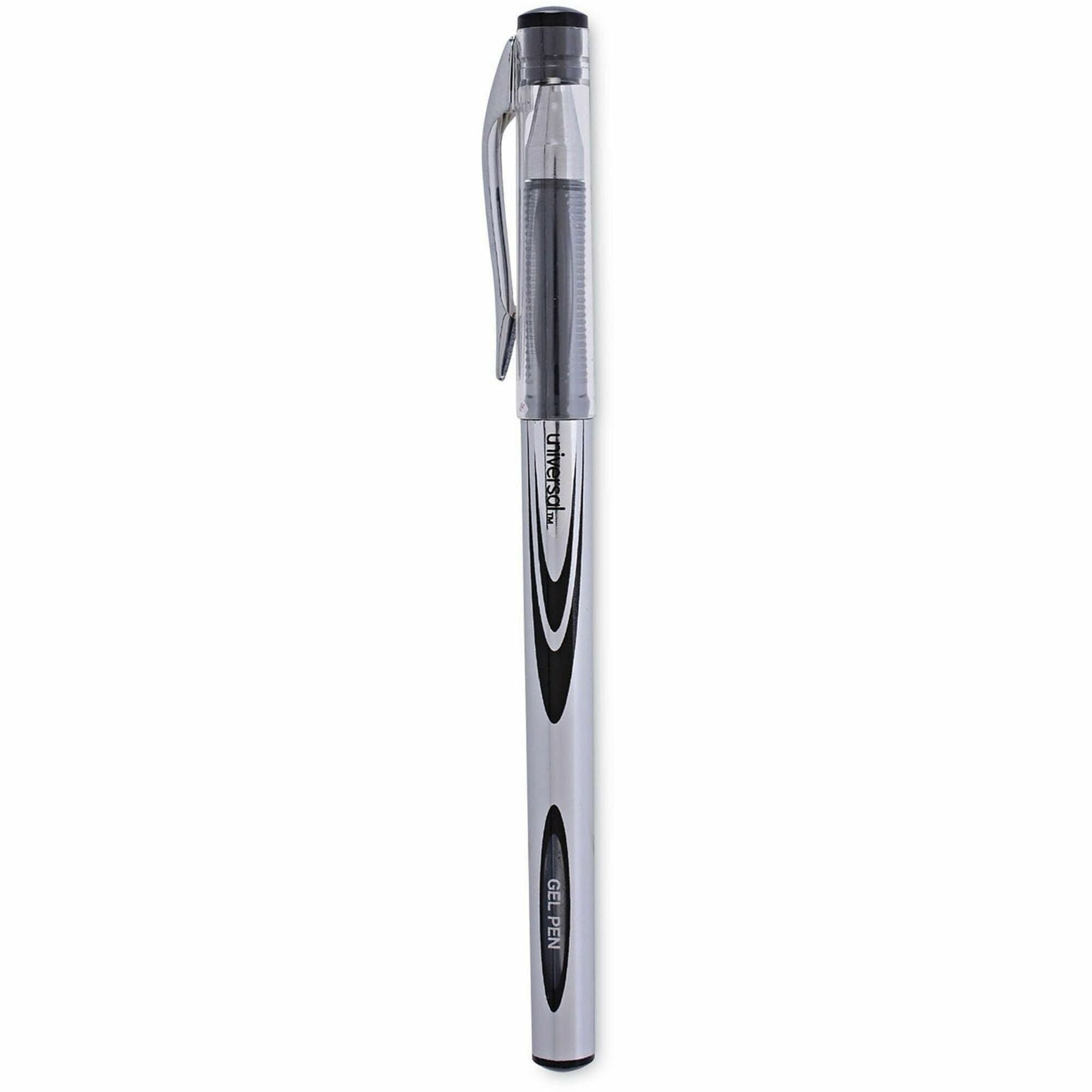 Universal Gel Pen, Stick, Medium 0.7 mm, Black Ink, Silver/Black Barrel, Dozen - 0.7 mm Medium Conical Pen Point - Black Ink - Water Based - Silver, Black Barrel - 1 Dozen
