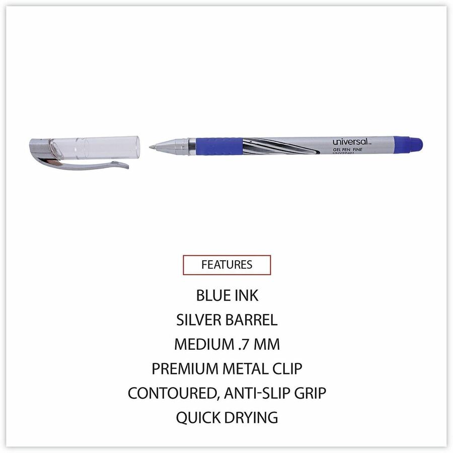 Universal Gel Pen, Stick, Medium 0.7 mm, Blue Ink, Silver/Blue Barrel, Dozen - 0.7 mm Medium Conical Pen Point - Blue Ink - Water Based - Silver, Blue Barrel - 1 Dozen