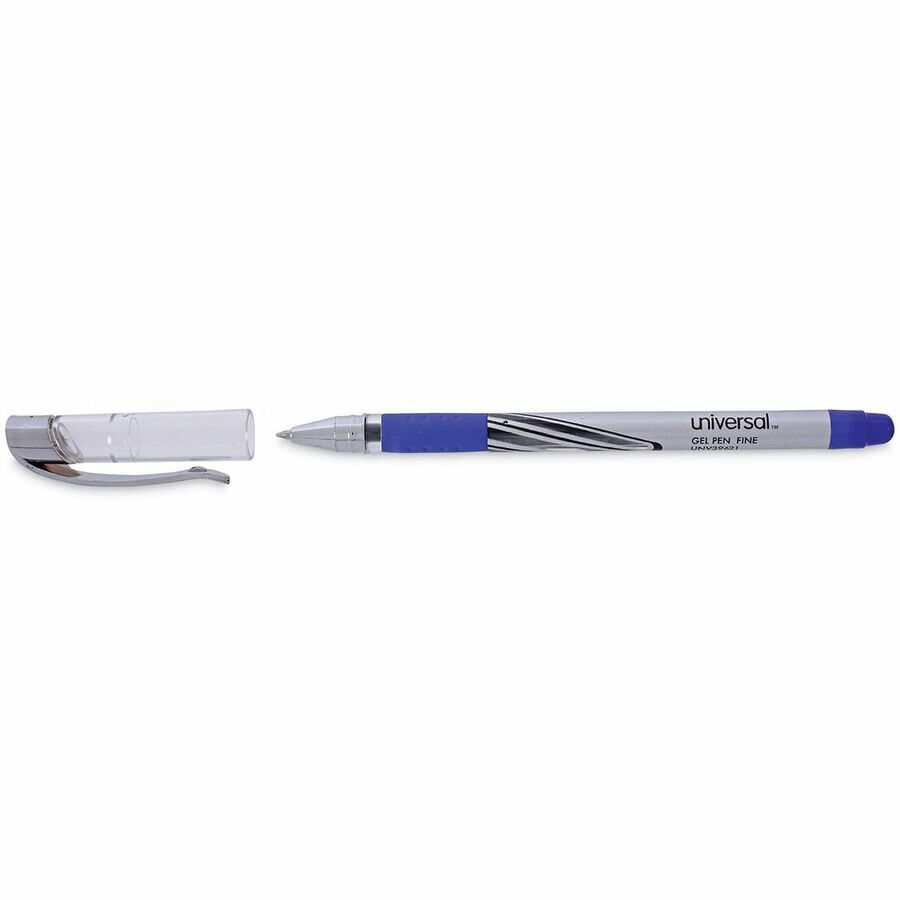 Universal Gel Pen, Stick, Medium 0.7 mm, Blue Ink, Silver/Blue Barrel, Dozen - 0.7 mm Medium Conical Pen Point - Blue Ink - Water Based - Silver, Blue Barrel - 1 Dozen