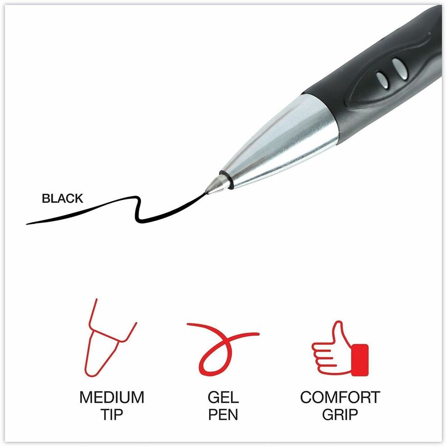 Universal Comfort Grip Gel Pen - 0.7 mm Medium Conical Pen Point - Retractable - Black Ink - Water Based - Gray, Black, Silver Barrel - 36 / Pack