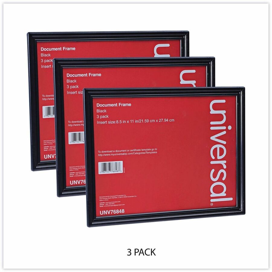 Universal Document Frame - 12" x 9.50" Frame Size - Holds 8.50" x 11" Insert - Rectangle - Vertical, Horizontal - Dust Resistant, Die-cut - Plastic - Black, Gold - 3 / Pack