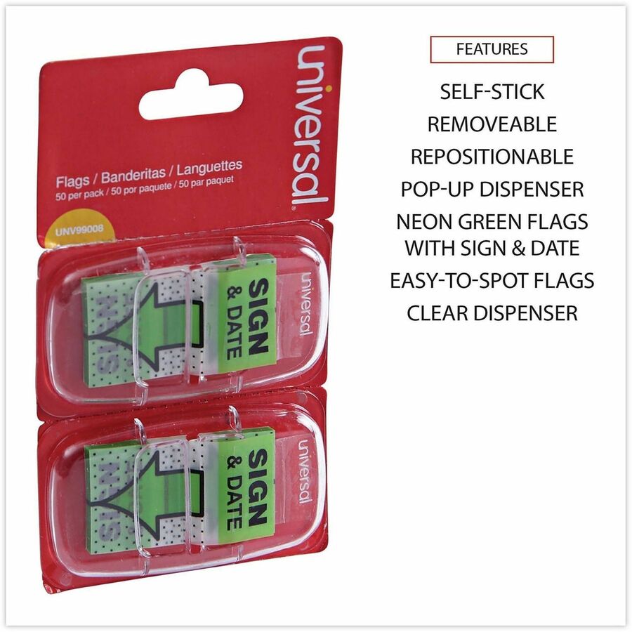 Universal Flag - 100 - 1" Flag/Note Width x 1 3/4" Flag/Note Length - Rectangle - Sign & Date - Green - Pop-up, Repositionable, Reusable - Dispenser Included - 100 / Pack