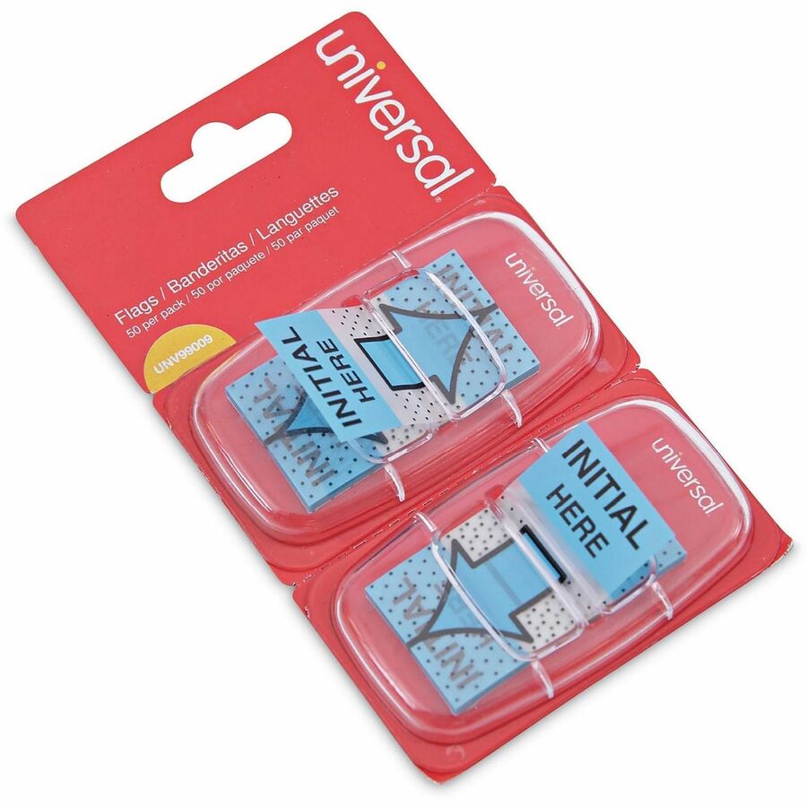 Universal Flag - 100 - 1" Flag/Note Width x 1 3/4" Flag/Note Length - Rectangle - INTITAL HERE - Blue - Pop-up, Repositionable, Reusable - Dispenser Included - 100 / Pack