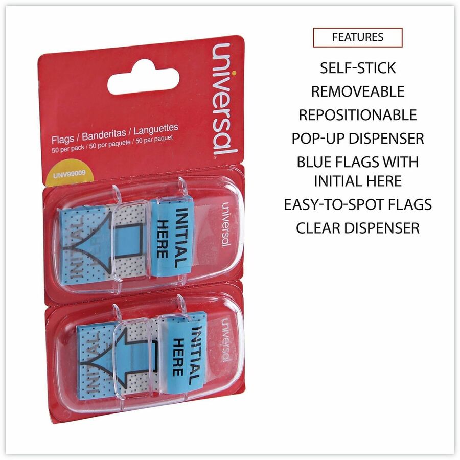 Universal Flag - 100 - 1" Flag/Note Width x 1 3/4" Flag/Note Length - Rectangle - INTITAL HERE - Blue - Pop-up, Repositionable, Reusable - Dispenser Included - 100 / Pack