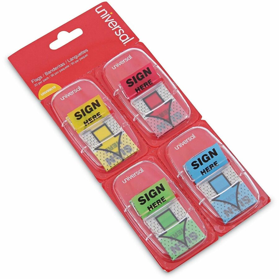 Universal Flag - 120 - 1" Flag/Note Width x 1 3/4" Flag/Note Length - Rectangle - SIGN HERE - Blue, Green, Red, Yellow - Pop-up, Repositionable, Reusable - Dispenser Included - 120 / Pack