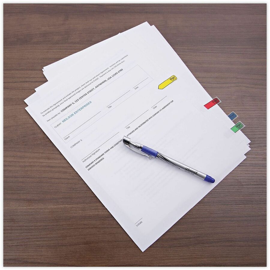 Universal Flag - 100 - 1/2" Flag/Note Width x 1 3/4" Flag/Note Length - Rectangle - SIGN HERE - Blue, Green, Red, Yellow - Pop-up, Repositionable, Reusable - Dispenser Included - 120 / Pack