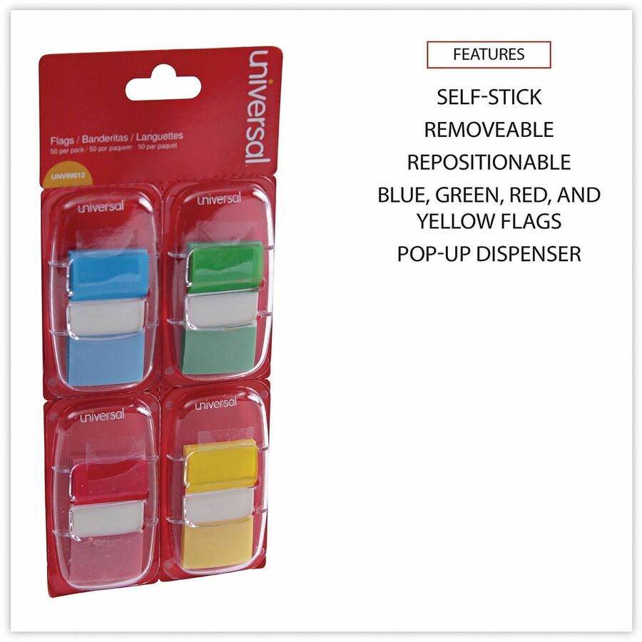 Universal Flag - 200 - 1" Flag/Note Width x 1 3/4" Flag/Note Length - Rectangle - Blue, Green, Red, Yellow - Removable, Self-stick, Pop-up, Repositionable - Dispenser Included - 200 / Pack