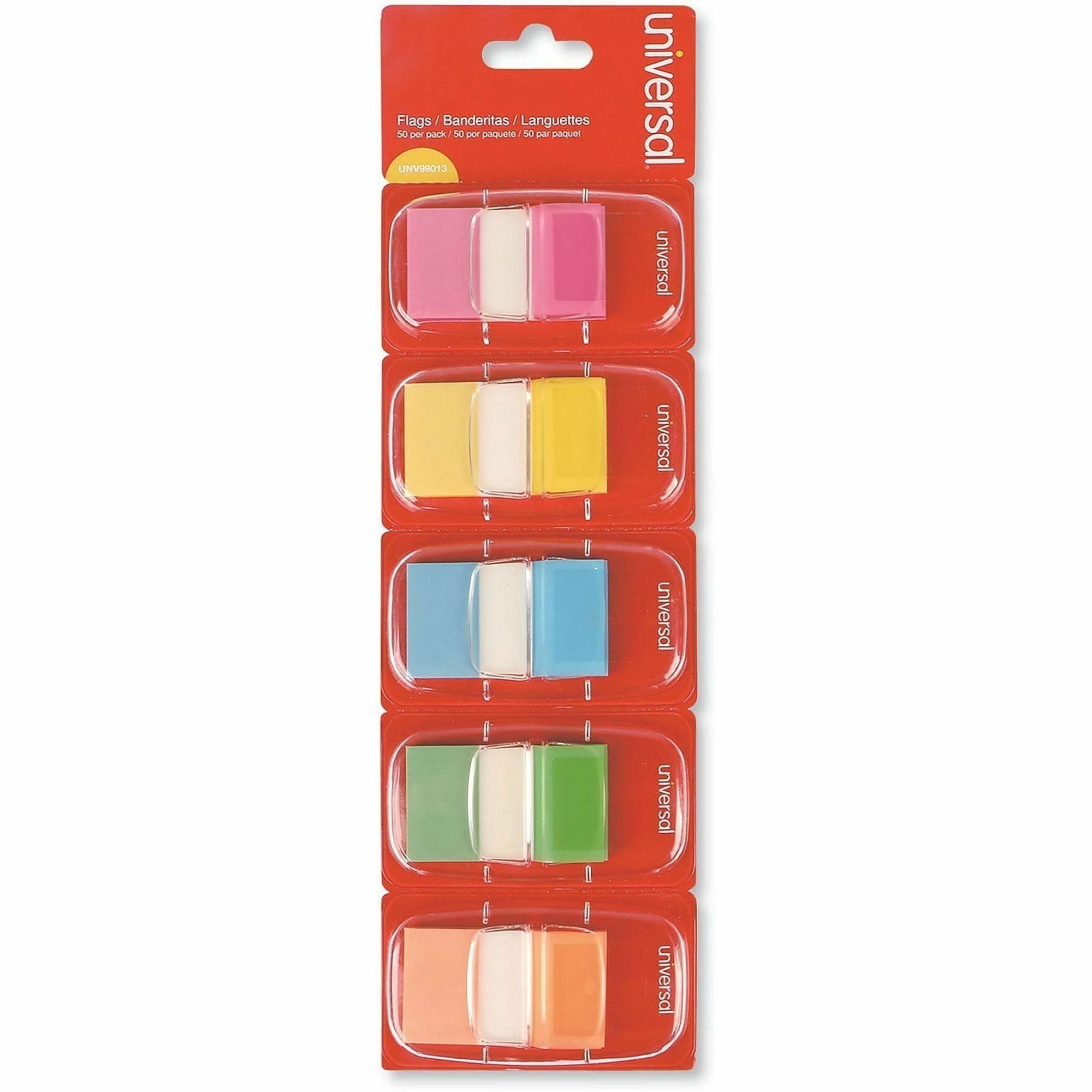Universal Flag - 250 - 1" Flag/Note Width x 1 3/4" Flag/Note Length - Rectangle - Blue, Green, Orange, Pink, Yellow - Removable, Self-stick, Pop-up, Repositionable - Dispenser Included - 250 / Pack