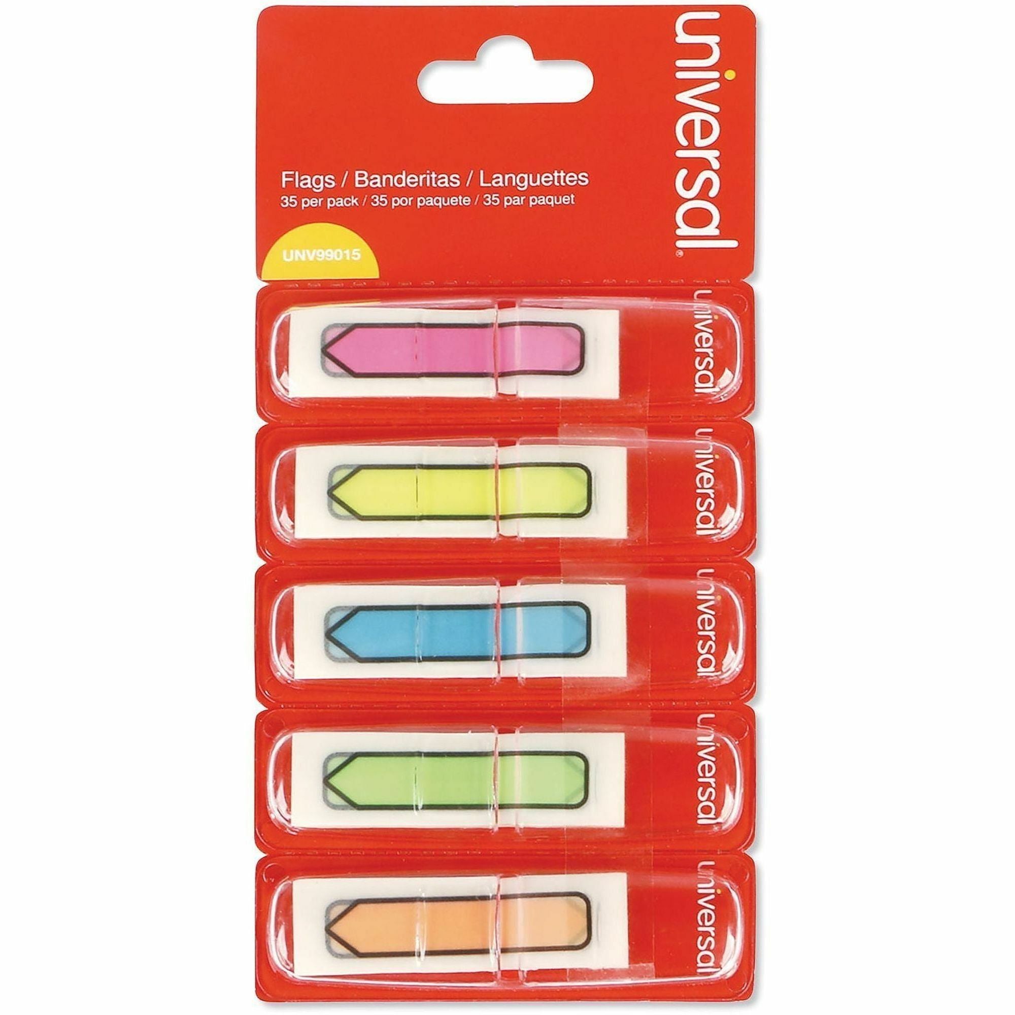 Universal Flag - 250 - 1/2" Flag/Note Width x 1 3/4" Flag/Note Length - Rectangle - Blue, Green, Pink, Yellow, Orange - Removable, Self-stick, Pop-up, Repositionable - Dispenser Included - 175 / Pack