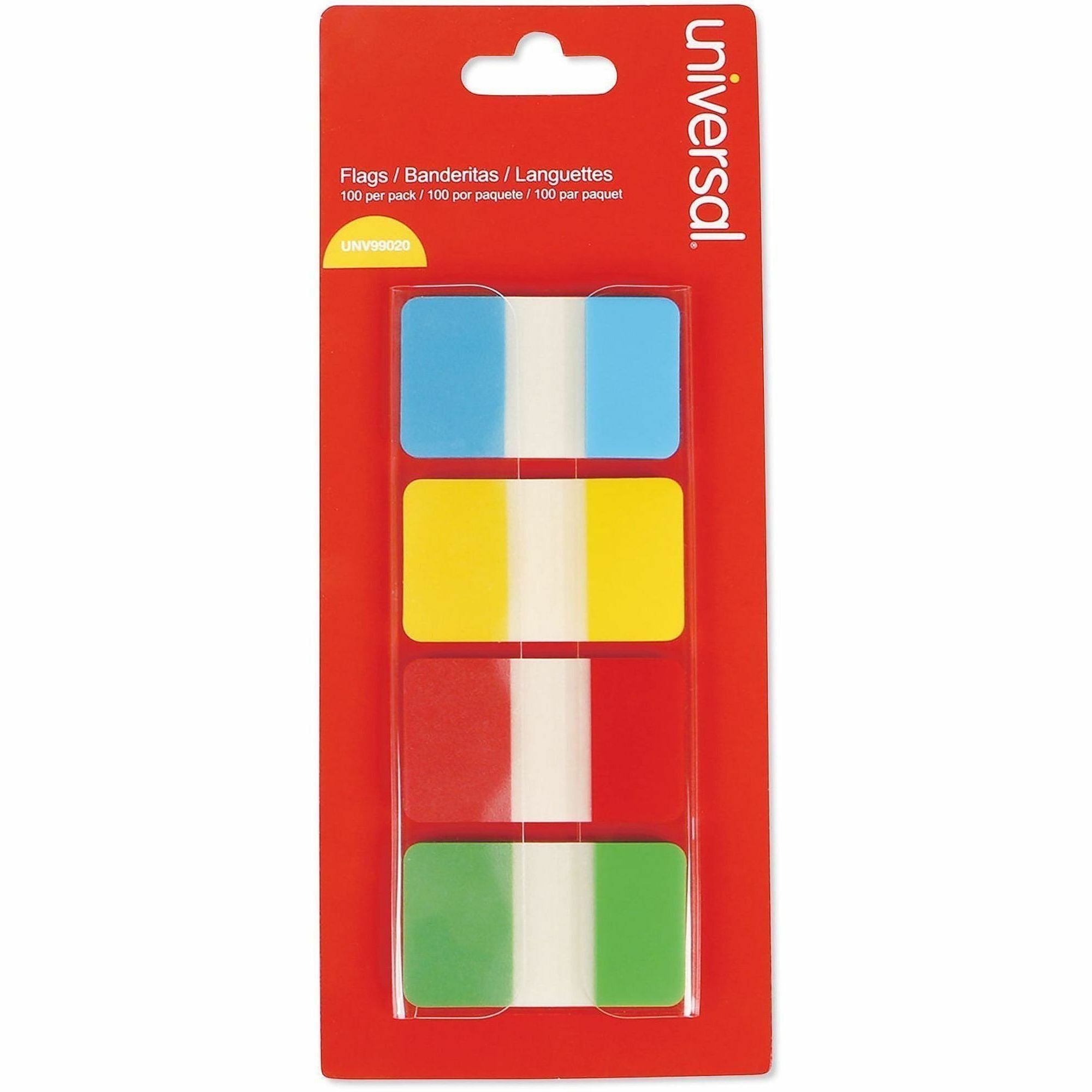 Universal Self Stick Index Tab, 1" , Assorted Colors, 100/Pack - 1" Tab Width - Bright Blue, Bright Green, Bright Red, Bright Yellow Tab(s) - Reusable, Repositionable - 100 / Pack