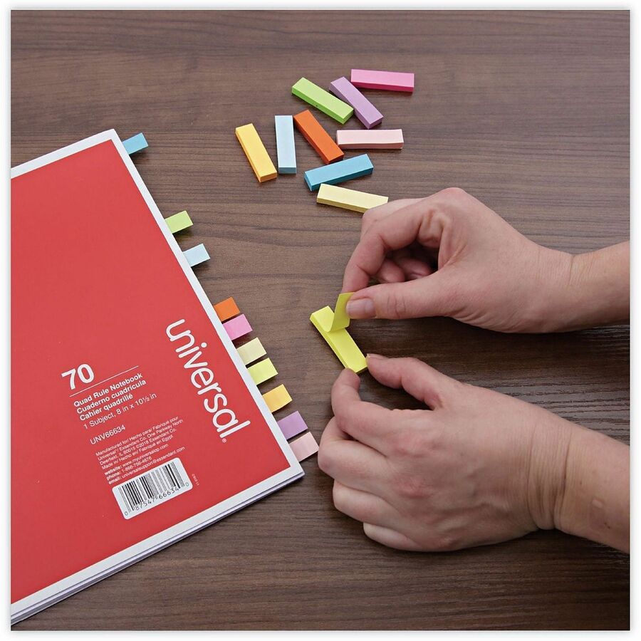 Universal Adhesive Note - 1/2" Flag/Note Width x 2" Flag/Note Length - Rectangle - Yellow, Turquoise, Red, Purple, Pink, Neon Yellow, Neon Orange, Neon Pink, Blue, Lime - Paper - Adhesive, Self-stick, Repositionable, Reusable, Pop-up, Removable, Residu...